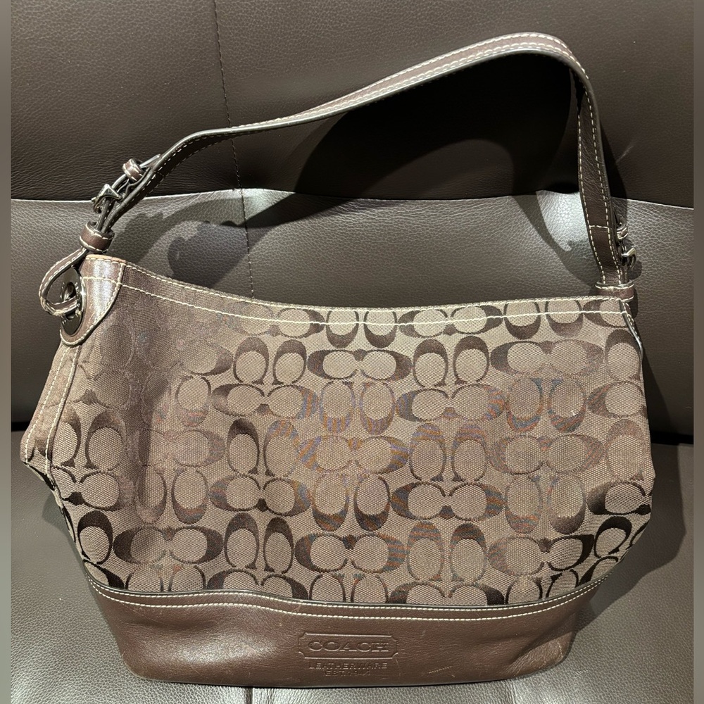 Coach Brown Signature Canvas Shoulder Bag with Leather Trim